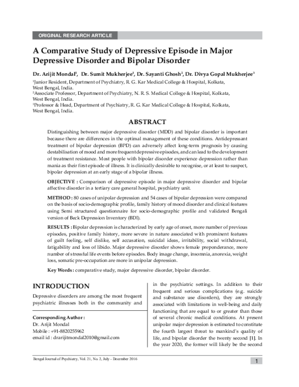 (PDF) A Comparative Study of Depressive Episode in Major Depressive ...