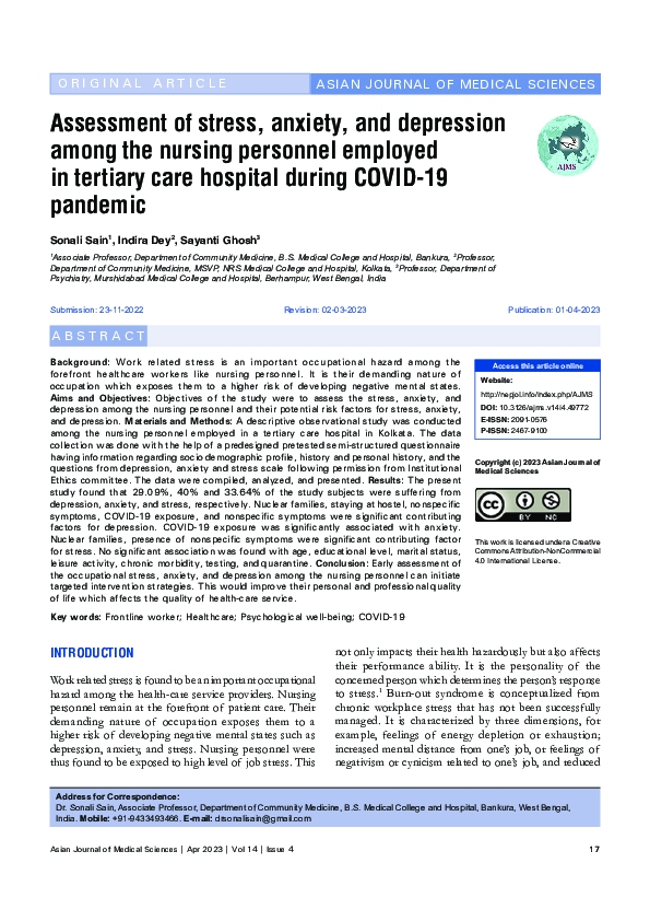 (PDF) Assessment of stress, anxiety, and depression among the nursing ...
