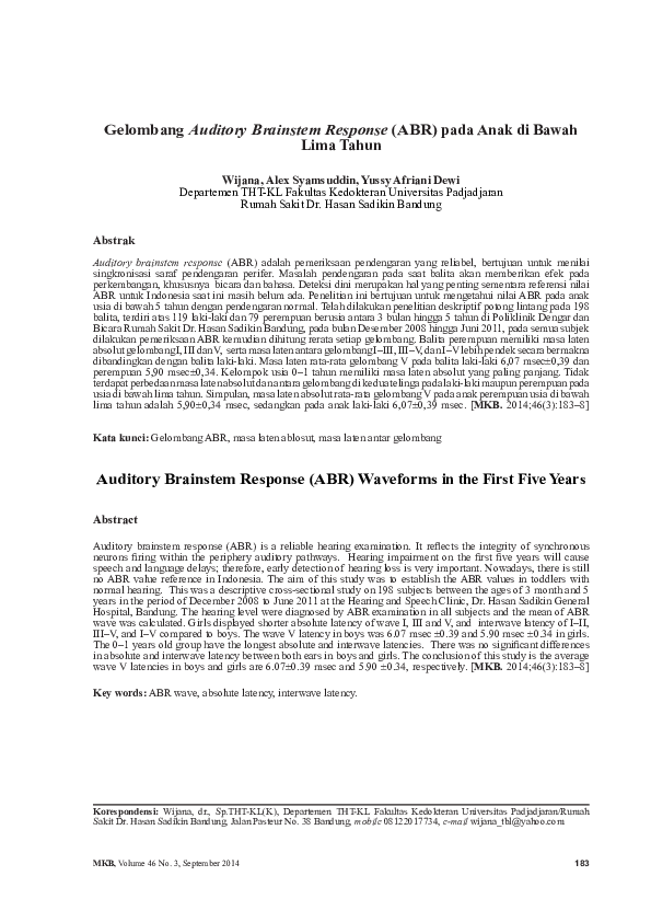 (PDF) Auditory Brainstem Response (Abr) Waveforms in The First Five Year