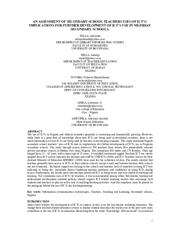 (PDF) An Assessment of Secondary School Teachers Uses of ICT