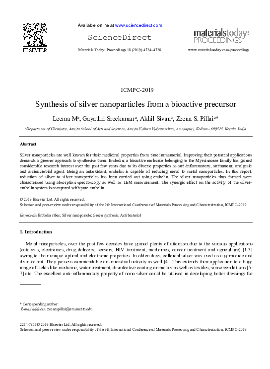 (PDF) Synthesis of silver nanoparticles from a bioactive precursor