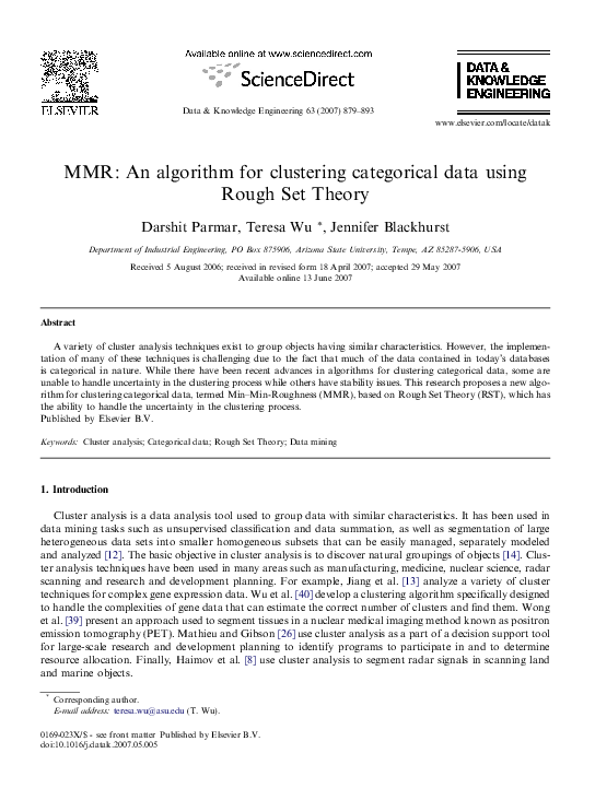 (PDF) MMR: An algorithm for clustering categorical data using Rough Set ...