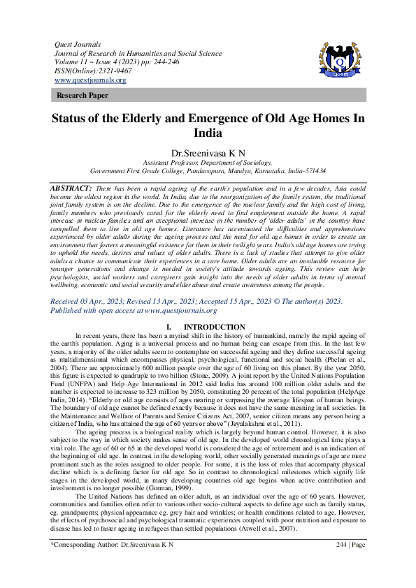 (PDF) Status of the Elderly and Emergence of Old Age Homes In India