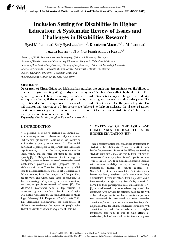 (PDF) Inclusion Setting for Disabilities in Higher Education: A ...