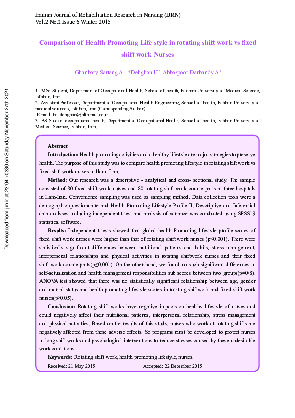 (PDF) Comparison of Health Promoting Life style in rotating shift work ...