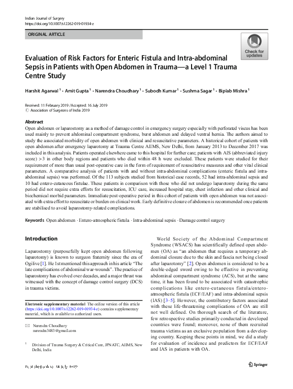 (PDF) Evaluation of Risk Factors for Enteric Fistula and Intra ...