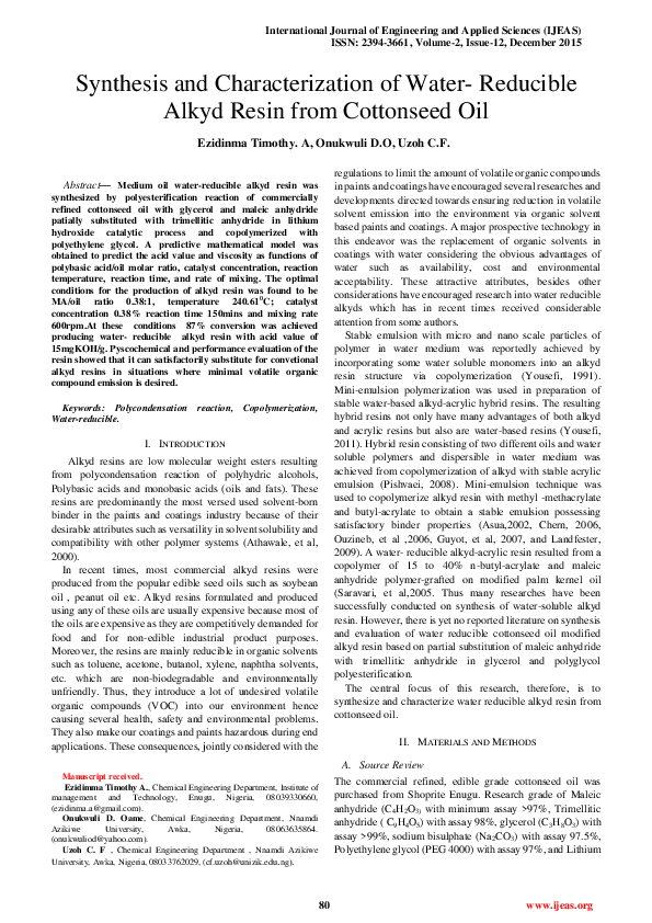 (PDF) Synthesis and Characterization of Water Reducible Alkyd Resin