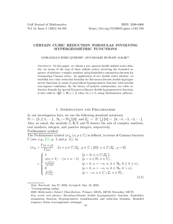 (PDF) Certain cubic reduction formulas involving hypergeometric functions
