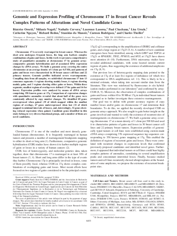 (PDF) Genomic and Expression Profiling of Chromosome 17 in Breast ...