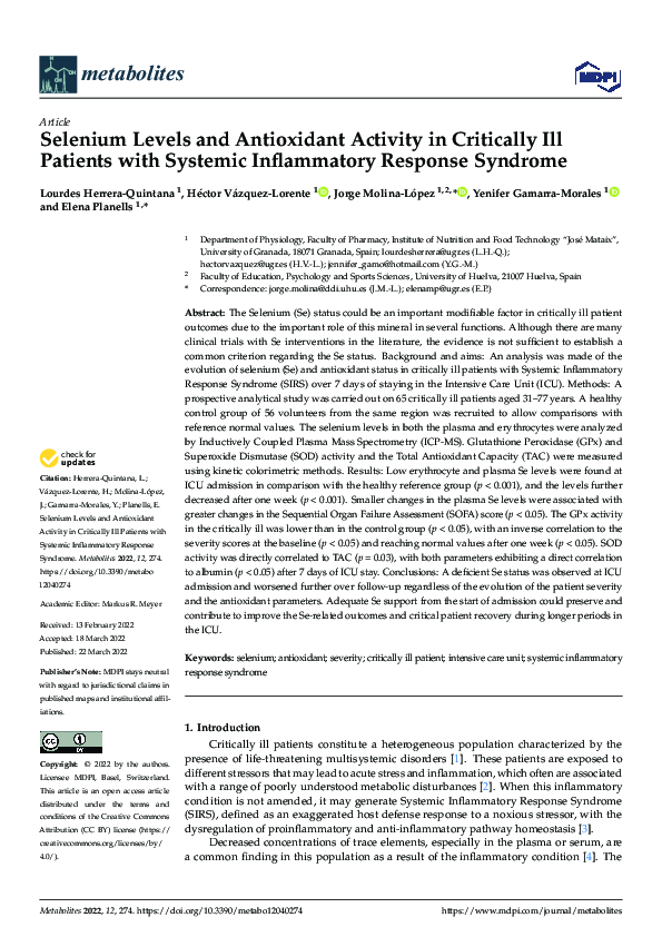 (PDF) Selenium Levels and Antioxidant Activity in Critically Ill ...
