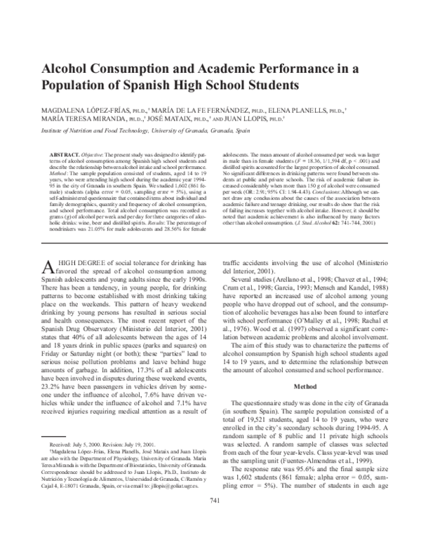 Pdf Alcohol Consumption And Academic Performance In A Population Of