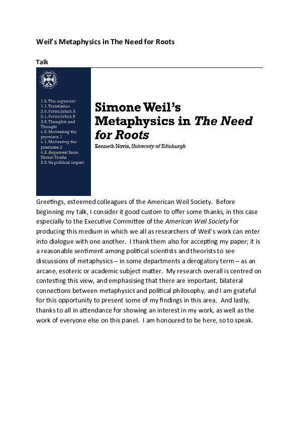 (DOC) Simone Weil's Metaphysics in The Need for Roots - Script