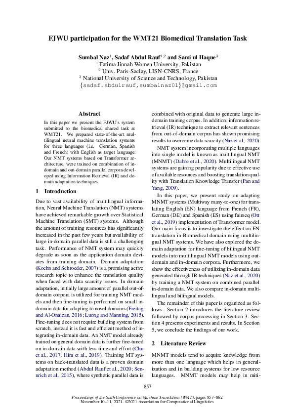 (PDF) FJWU Participation for the WMT21 Biomedical Translation Task