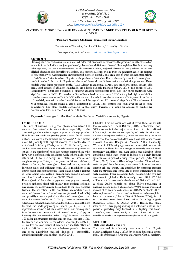 (PDF) Statistical Modelling of Haemoglobin Level in Under Five Years ...