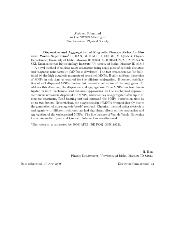 (PDF) Dispersion and Aggregation of Magnetic Nanoparticles for Nuclear ...