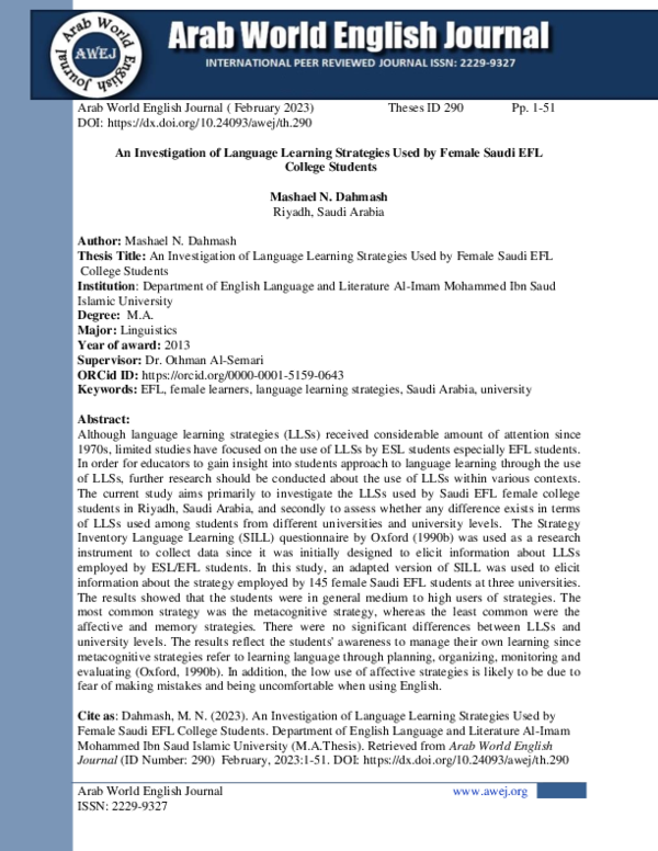 (PDF) An Investigation of Language Learning Strategies Used by Female ...