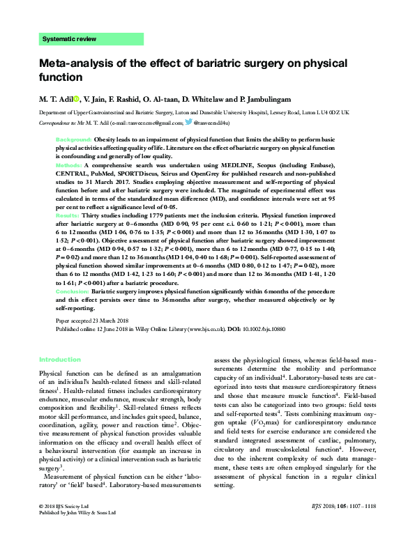 (PDF) Meta-analysis of the effect of bariatric surgery on physical function