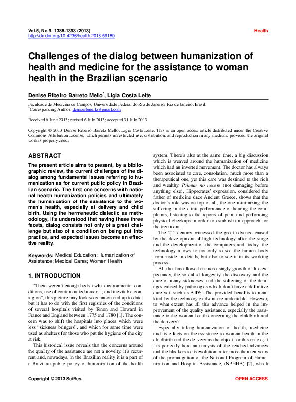 (PDF) Challenges of the dialog between humanization of health and ...