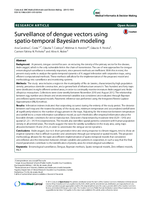 (PDF) Surveillance of dengue vectors using spatio-temporal Bayesian ...