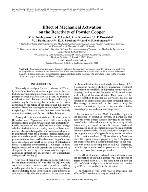 (PDF) Effect of mechanical activation on the reactivity of powder copper