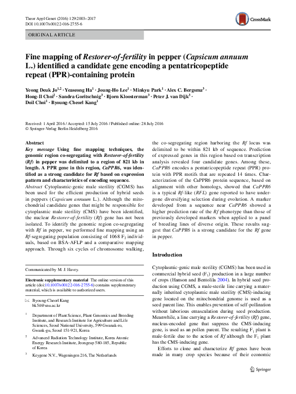 (PDF) Fine mapping of Restorer-of-fertility in pepper (Capsicum annuum ...