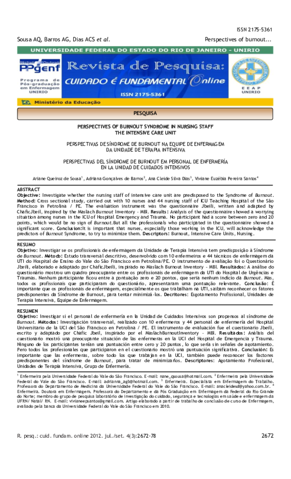 (PDF) Perspectives of Burnout Syndrome in Nursing Staff the Intensive ...