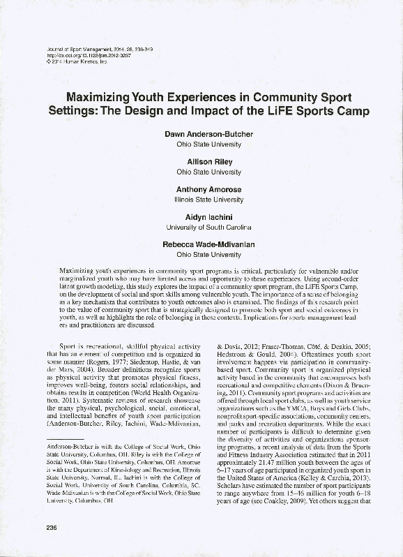 (PDF) Maximizing Youth Experiences in Community Sport Settings: The ...