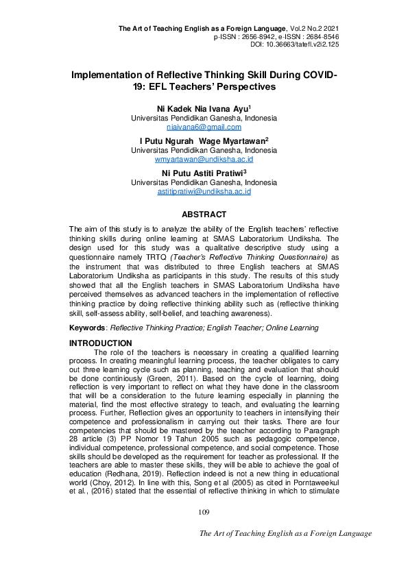 (PDF) Implementation of Reflective Thinking Skill During COVID-19: EFL ...