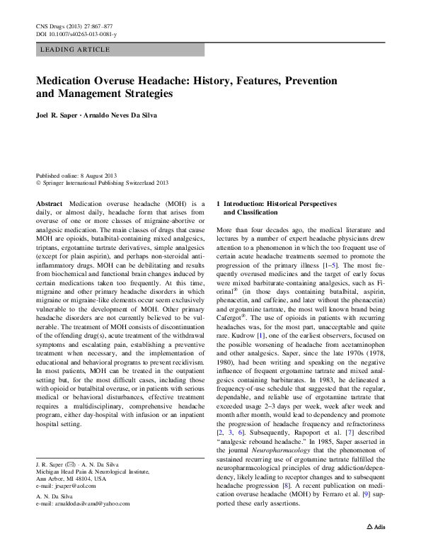 (PDF) Medication Overuse Headache: History, Features, Prevention and ...