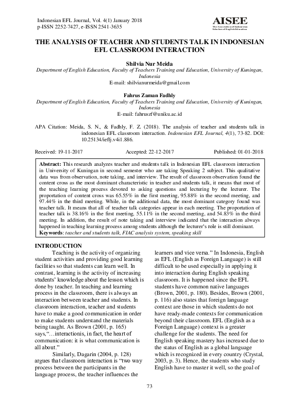 (PDF) The Analysis of Teacher and Students Talk in Indonesian Efl ...