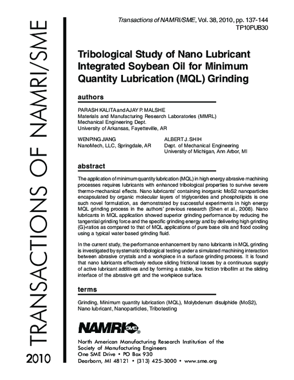 (PDF) Tribological study of nano lubricant integrated soybean oil for minimum quantity