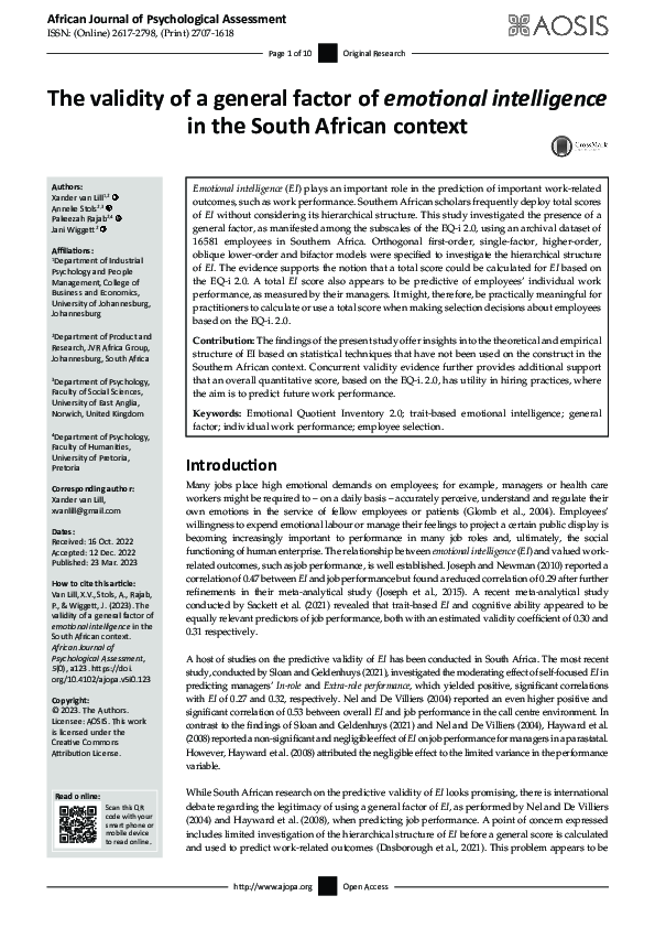 (PDF) The validity of a general factor of emotional intelligence in the ...