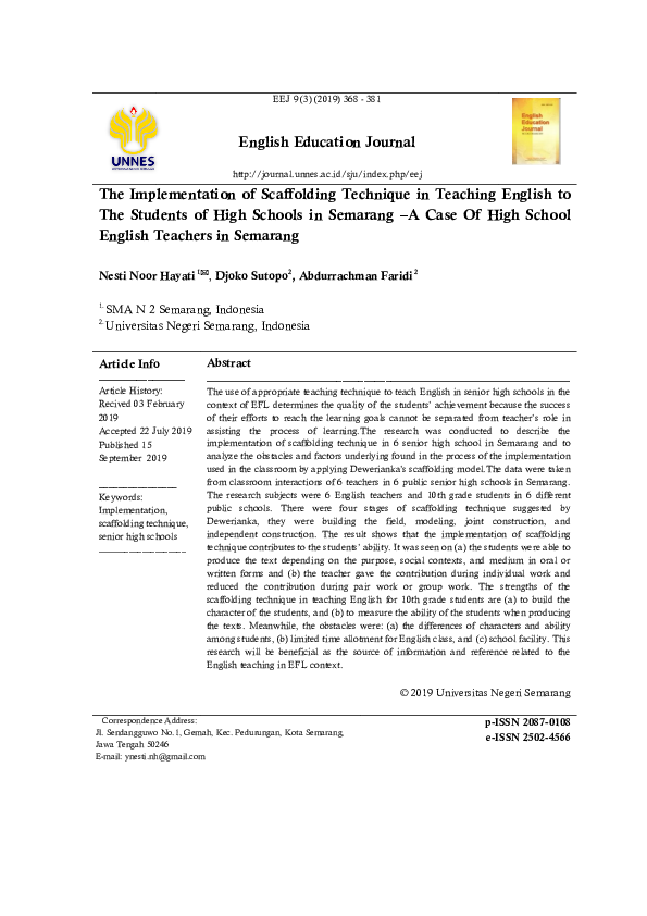 (PDF) The Implementation of Scaffolding Technique in Teaching English ...