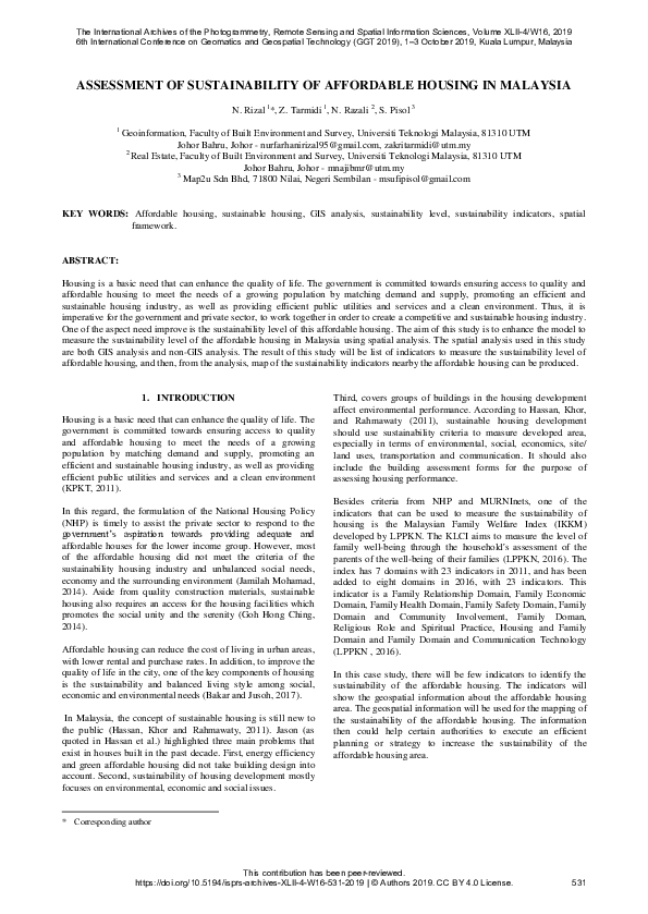 (PDF) Assessment of Sustainability of Affordable Housing in Malaysia