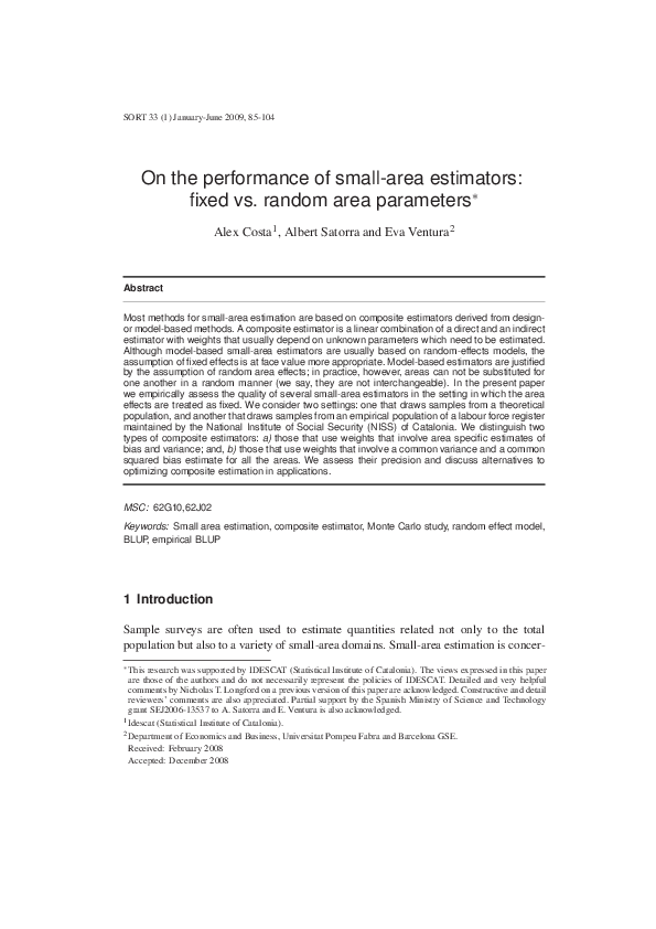 (PDF) On the Performance of Small-Area Estimators: Fixed vs. Random ...