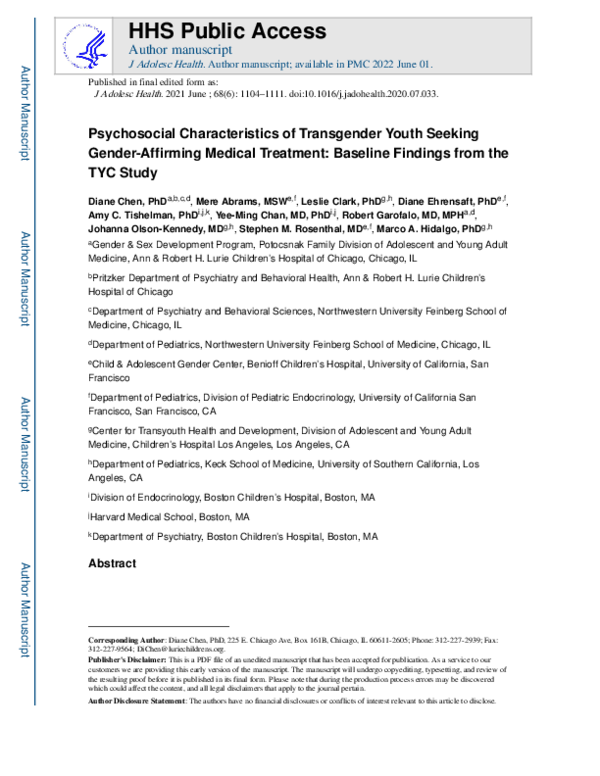 (PDF) Psychosocial Characteristics of Transgender Youth Seeking Gender ...