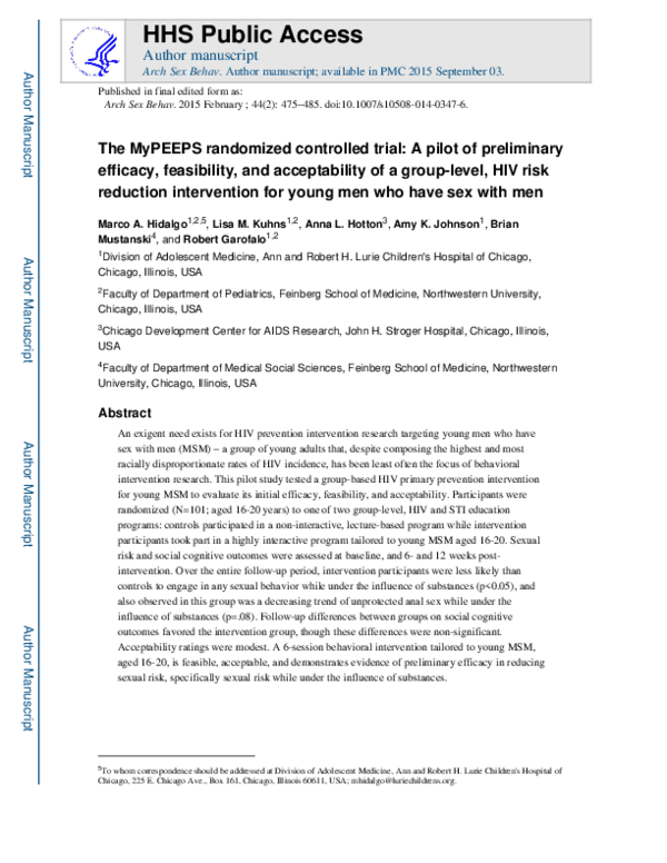 (PDF) The MyPEEPS Randomized Controlled Trial: A Pilot of Preliminary ...