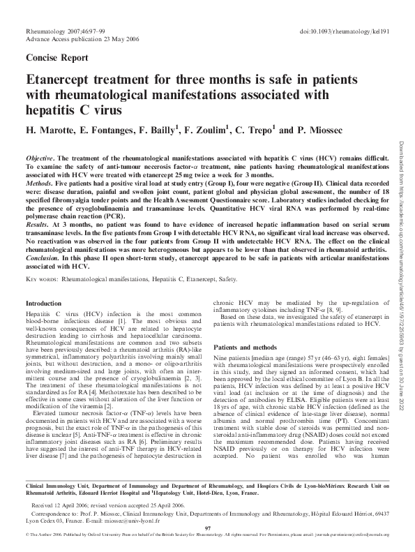 Etanercept treatment for three months is safe in patients with rheumatological manifestations associated with hepatitis C virus