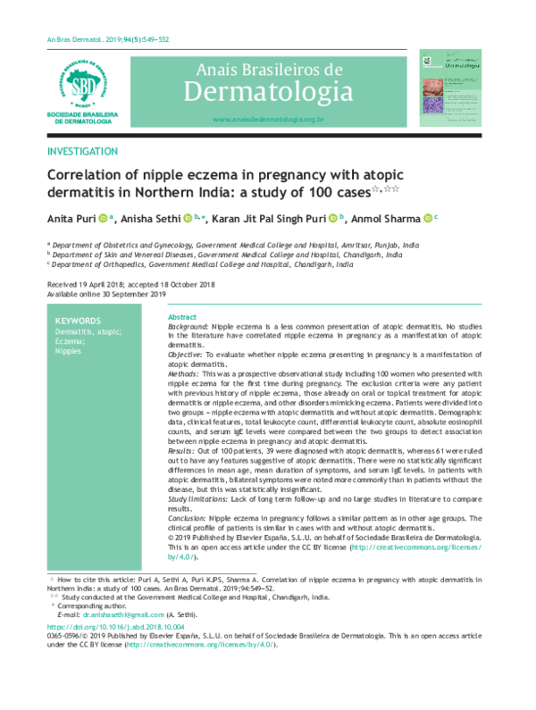 (PDF) Correlation of nipple eczema in pregnancy with atopic dermatitis