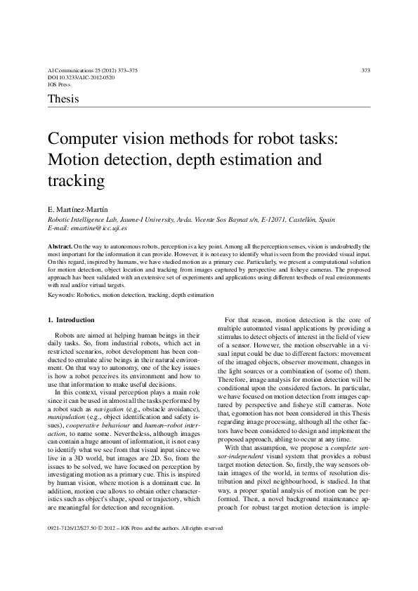(PDF) Computer vision methods for robot tasks: Motion detection, depth ...