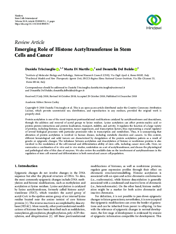 (PDF) Emerging Role of Histone Acetyltransferase in Stem Cells and Cancer