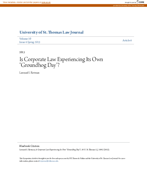 (PDF) Is Corporate Law Experiencing Its Own 'Groundhog Day'?