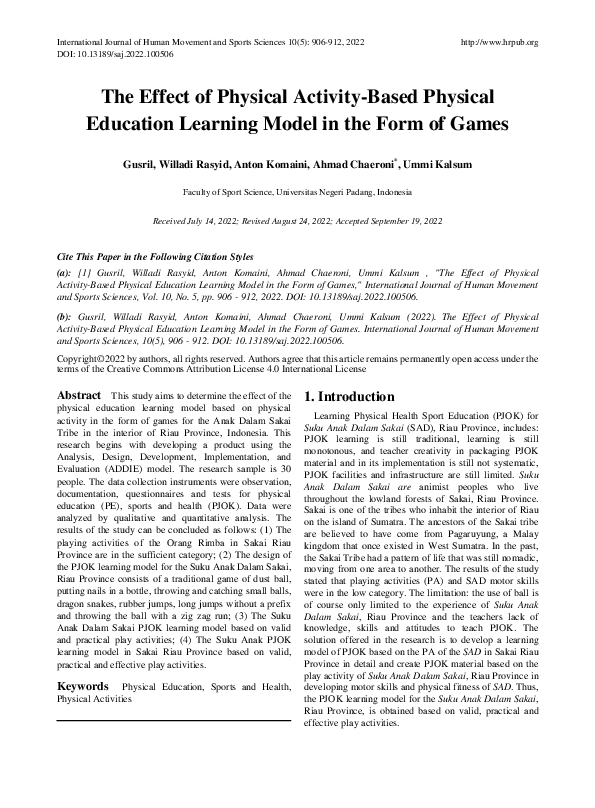 (PDF) The Effect of Physical Activity-Based Physical Education Learning ...