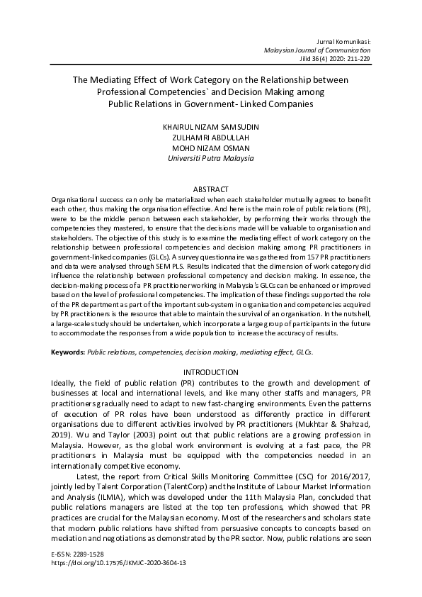(PDF) The Mediating Effect of Work Category on the Relationship between ...