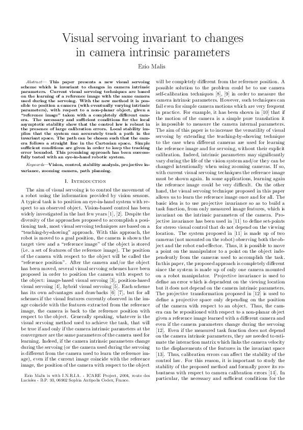 Pdf Visual Servoing Invariant To Changes In Camera Intrinsic Parameters