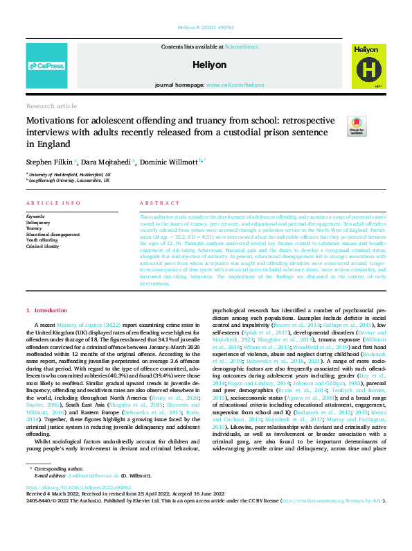 (PDF) Motivations for adolescent offending and truancy from school retrospective interviews