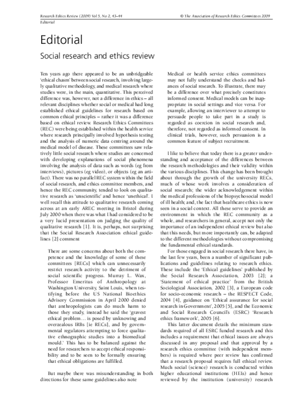 (PDF) Social Research and Ethics Review