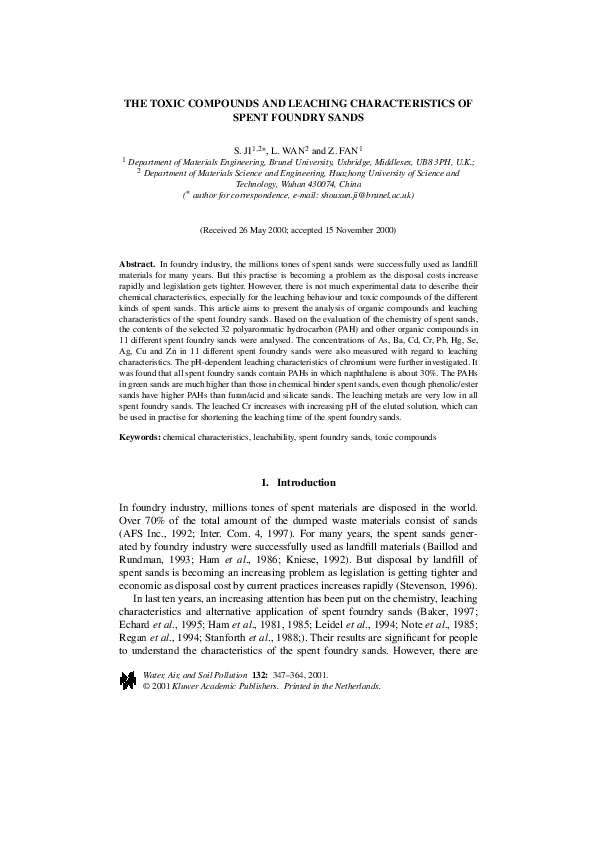 (PDF) The Toxic Compounds and Leaching Characteristics of Spent Foundry ...