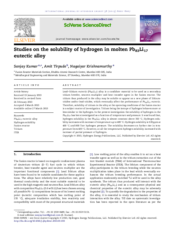 (PDF) Studies on the solubility of hydrogen in molten Pb83Li17 eutectic ...