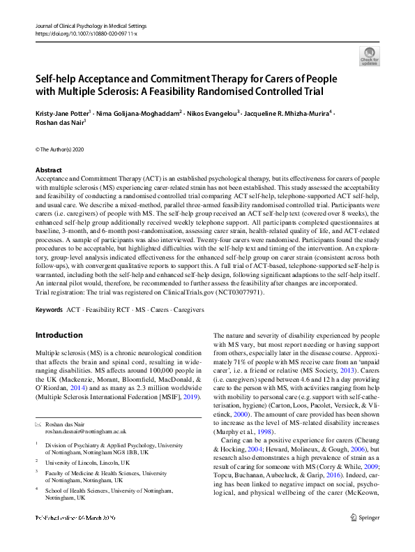 (PDF) Self-help Acceptance and Commitment Therapy for Carers of People ...